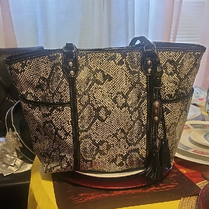 Rafe Black And White Snakeskin Tote With Tassels And Side Pockets